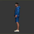3D Character Model Wearing Blue Hoodie And Blue Shorts With White Shoes On Gray Background