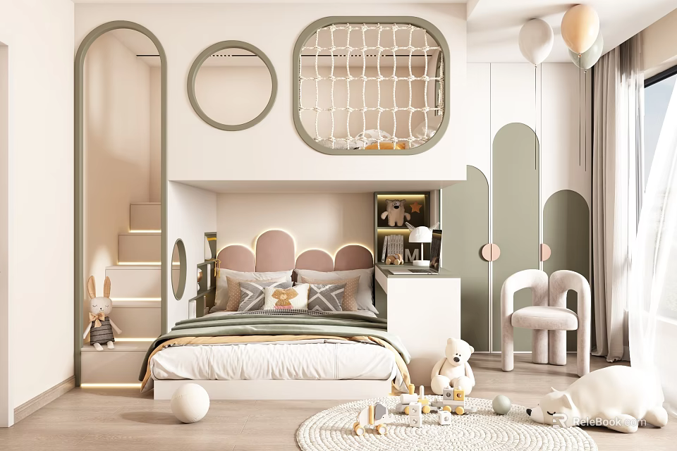 Kids Bedroom Interior With Bunk Bed Cloud Shaped Headboard Netted Upper Space Staircase And Toys 3d model 
