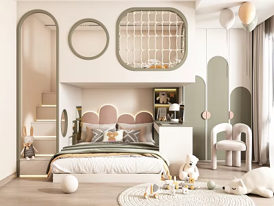 Kids Bedroom Interior With Bunk Bed Cloud Shaped Headboard Netted Upper Space Staircase And Toys 3d model
