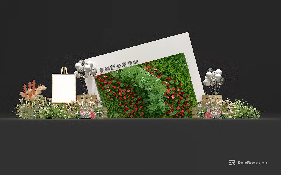 Floral Display Design with Greenery Wall Red Flowers and Balloons Arrangement 3d model 