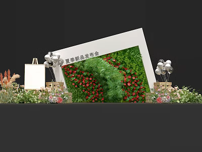 Floral Display Design with Greenery Wall Red Flowers and Balloons Arrangement 3d model