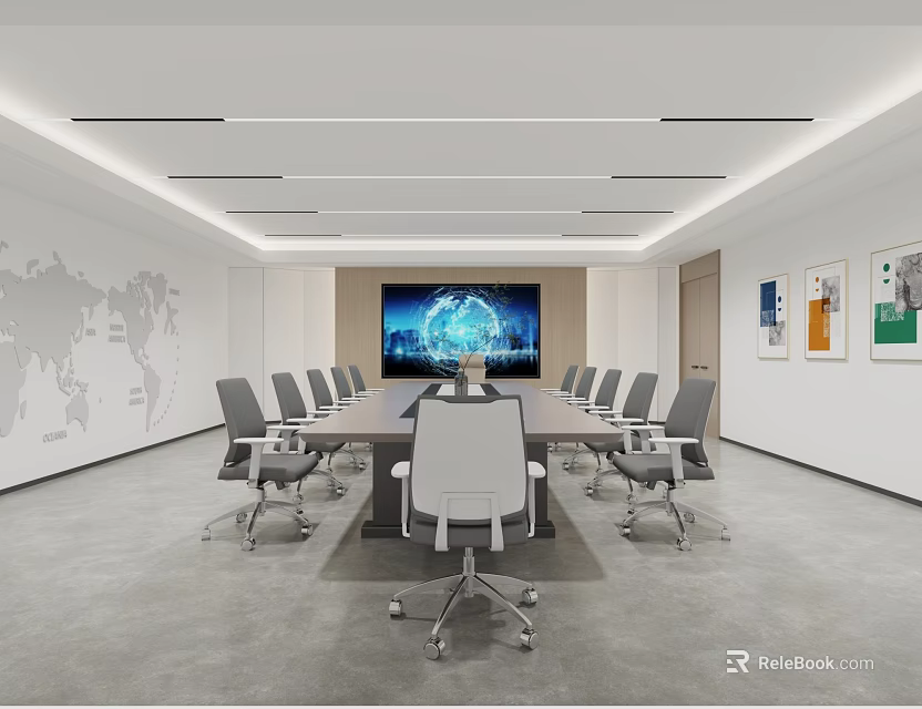 Modern Conference Room Interior With Long Meeting Table Ergonomic Chairs World Map And Digital Screen 3d model 