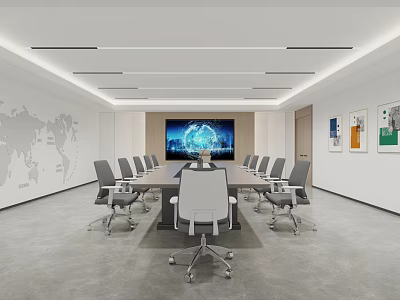 Modern Conference Room Interior With Long Meeting Table Ergonomic Chairs World Map And Digital Screen 3d model