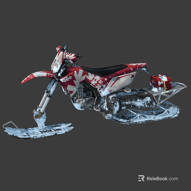 Red And White Snow Motorcycle With Star Graphics Snow Tracks Skis And Storage Rack 3d model 