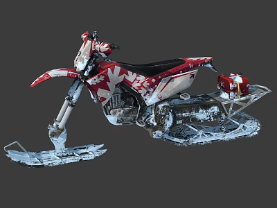Red And White Snow Motorcycle With Star Graphics Snow Tracks Skis And Storage Rack 3d model