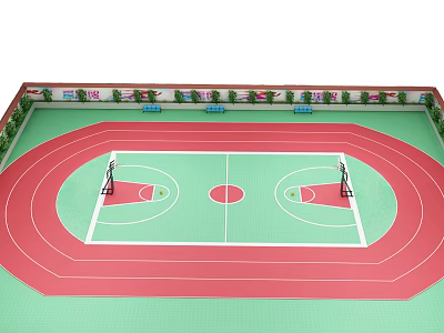 Outdoor Basketball Court With Green Surface And Red Running Track Around 3d model