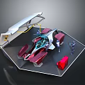 Futuristic Concept Vehicle Model With Red Silver Components Transparent Parts And Display Platform