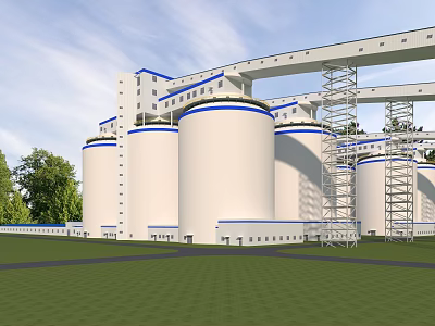 Industrial Plant Exterior View With Large Silos Blue Accents Green Lawn And Metal Structures 3d model