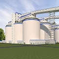 Industrial Plant Exterior View With Large Silos Blue Accents Green Lawn And Metal Structures