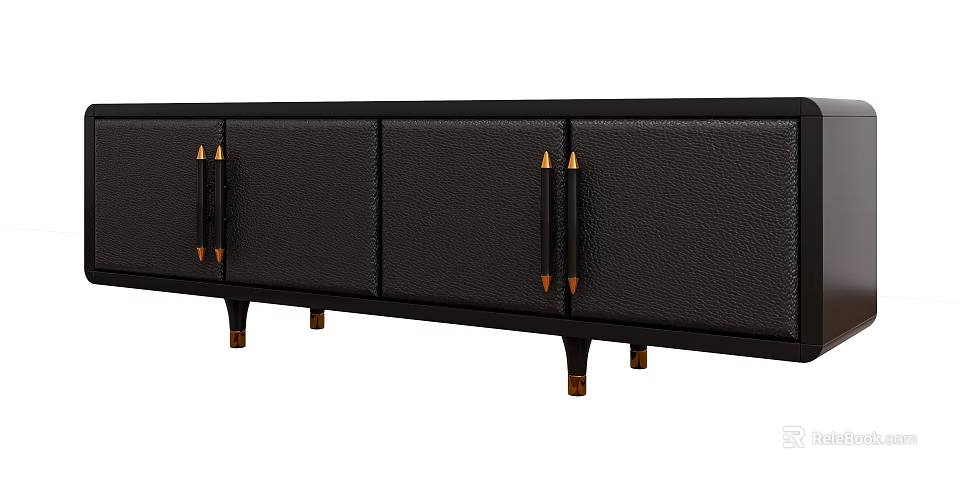 Black Leather TV Stand with Gold Metal Handles and Black Legs with Gold Accents 3d model 