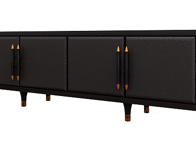 Black Leather TV Stand with Gold Metal Handles and Black Legs with Gold Accents 3d model
