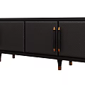 Black Leather TV Stand with Gold Metal Handles and Black Legs with Gold Accents