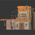 Miniature House 3D Model With Orange Roof Wooden Stairs Striped Awning And Chimney