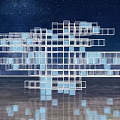 Abstract Landscape Sculpture With White Frame Structures Under Starry Sky and Water Reflection 3d model