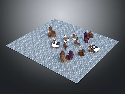 Cartoon Scene With Miniature Colorful Houses And Various Colored Roofs On Checkered Ground 3d model