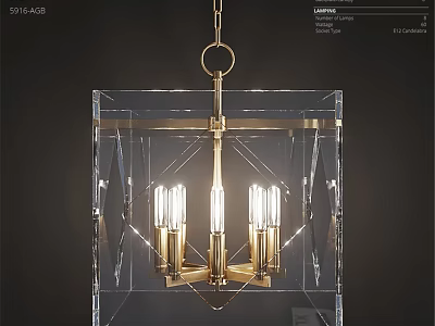 Modern Gold Chandelier With Transparent Square Crystal Structure and Illuminated Bulbs 3d model