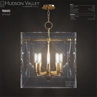 Modern Gold Chandelier With Transparent Square Crystal Structure and Illuminated Bulbs 3d model