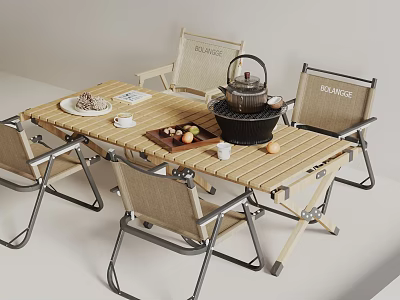 Outdoor Wooden Table And Metal Frame Lounge Chair Set With Teapot Fruits And Plate 3d model