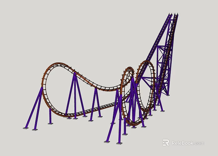 Thrilling Roller Coaster Structure With Purple Supports And Twisted Brown Tracks 3d model