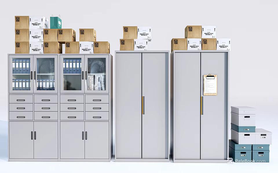 White Gray Bookcase With Drawers And Glass Doors Cardboard Boxes On Top And File Boxes 3d model 