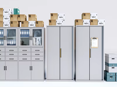 White Gray Bookcase With Drawers And Glass Doors Cardboard Boxes On Top And File Boxes 3d model