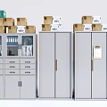 White Gray Bookcase With Drawers And Glass Doors Cardboard Boxes On Top And File Boxes