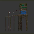 Elevated Scenery Featuring Stilted House Rusty Metal Pillars Wooden Platforms Green Awnings And Colorful Flags