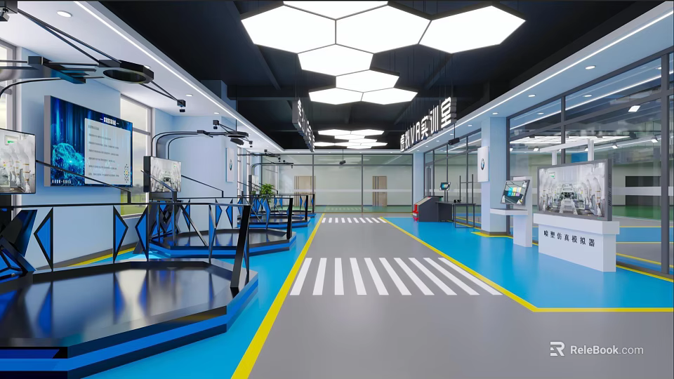 Modern Standard Testing Space Interior with Blue Flooring White Stripes Yellow Lines and Glass Partitions 3d model 
