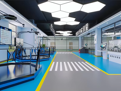 Modern Standard Testing Space Interior with Blue Flooring White Stripes Yellow Lines and Glass Partitions 3d model