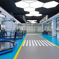 Modern Standard Testing Space Interior with Blue Flooring White Stripes Yellow Lines and Glass Partitions