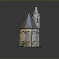 Traditional Church Building With Gray Roof Stone Exterior Tower Spire And Arched Windows