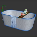 Modern White Bathtub With Wooden Tray Bottles Glass And Hanging White Towel