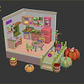 Modern Toy Kitchen Scene With Pink Furniture Pumpkins And Wooden Barrels