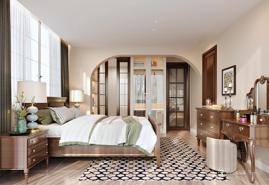 Modern Elegant Bedroom Interior With Arched Door Wooden Nightstand Table Lamp And Patterned Rug 3d model 