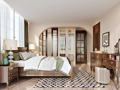 Modern Elegant Bedroom Interior With Arched Door Wooden Nightstand Table Lamp And Patterned Rug 3d model