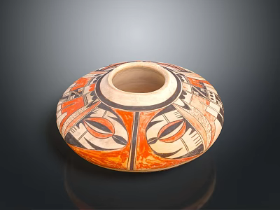 Round Open Top Ceramic Jar With Orange Black White Geometric Eye Like Patterns 3d model