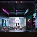 Modern Bar Interior With Neon Lights Hanging Lamps Counter And Guest Tables