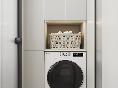 Minimalist Bathroom Cabinetry With Washing Machine And Storage Basket 3d model