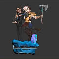Three Fantasy Characters With Weapons Standing On Blue Platform And Central Blue Ring Figure