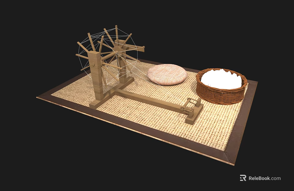 Traditional Wooden Spinning Wheel With Round Cushion And Basket On Woven Mat 3d model 