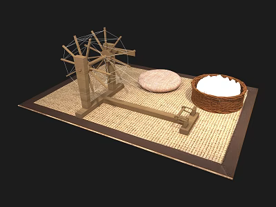 Traditional Wooden Spinning Wheel With Round Cushion And Basket On Woven Mat 3d model
