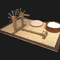 Traditional Wooden Spinning Wheel With Round Cushion And Basket On Woven Mat
