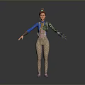 Animated Female Character With Mechanical Arm Blue Top Beige Pants Pink Shoes And Decorative Headpiece