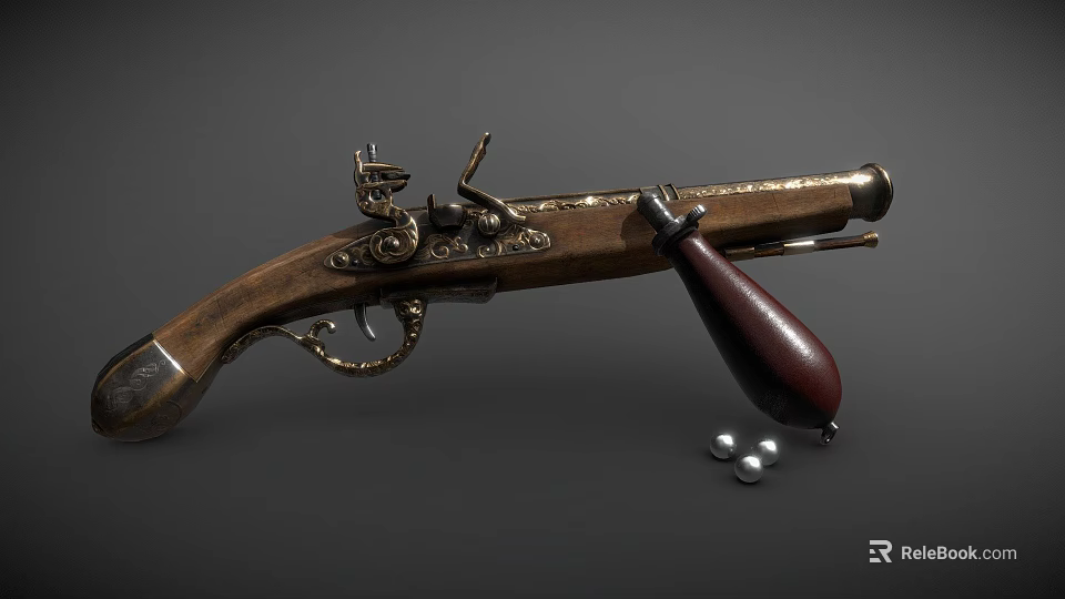 Antique Pistol Featuring Wooden Stock Intricate Metal Engravings and Musket Balls on Dark Surface 3d model 