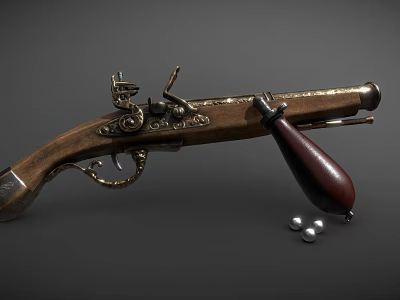 Antique Pistol Featuring Wooden Stock Intricate Metal Engravings and Musket Balls on Dark Surface 3d model