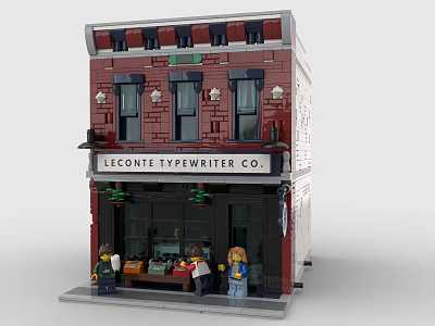 Lego Leconte Typewriter Co Two Story Red Brick Building With Minifigures At Storefront 3d model