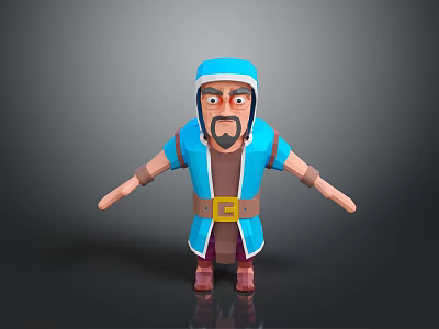 Stylized 3D Man in Blue Outfit with Blue Hat and Yellow Belt Standing Arms Outstretched 3d model