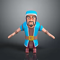 Stylized 3D Man in Blue Outfit with Blue Hat and Yellow Belt Standing Arms Outstretched