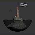 Cartoon Scene With Small Island Red Roof Lighthouse Water Surface Clouds And Flying Birds