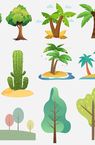 Decorative Tree Illustration Wall Decor With Various Palm Cactus And Cartoon Styles 3d model
